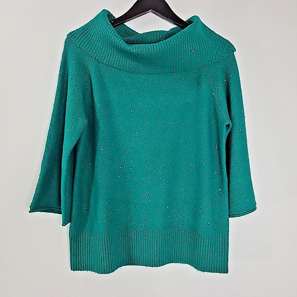 Cato Women’s Medium Sparkle‎ Cowl Neck Sweater Teal Green 3/4 Sleeve Soft Knit